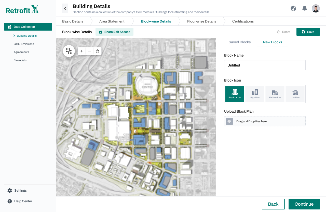 RetrofitX building details: block-wise data collection with map and new block form.